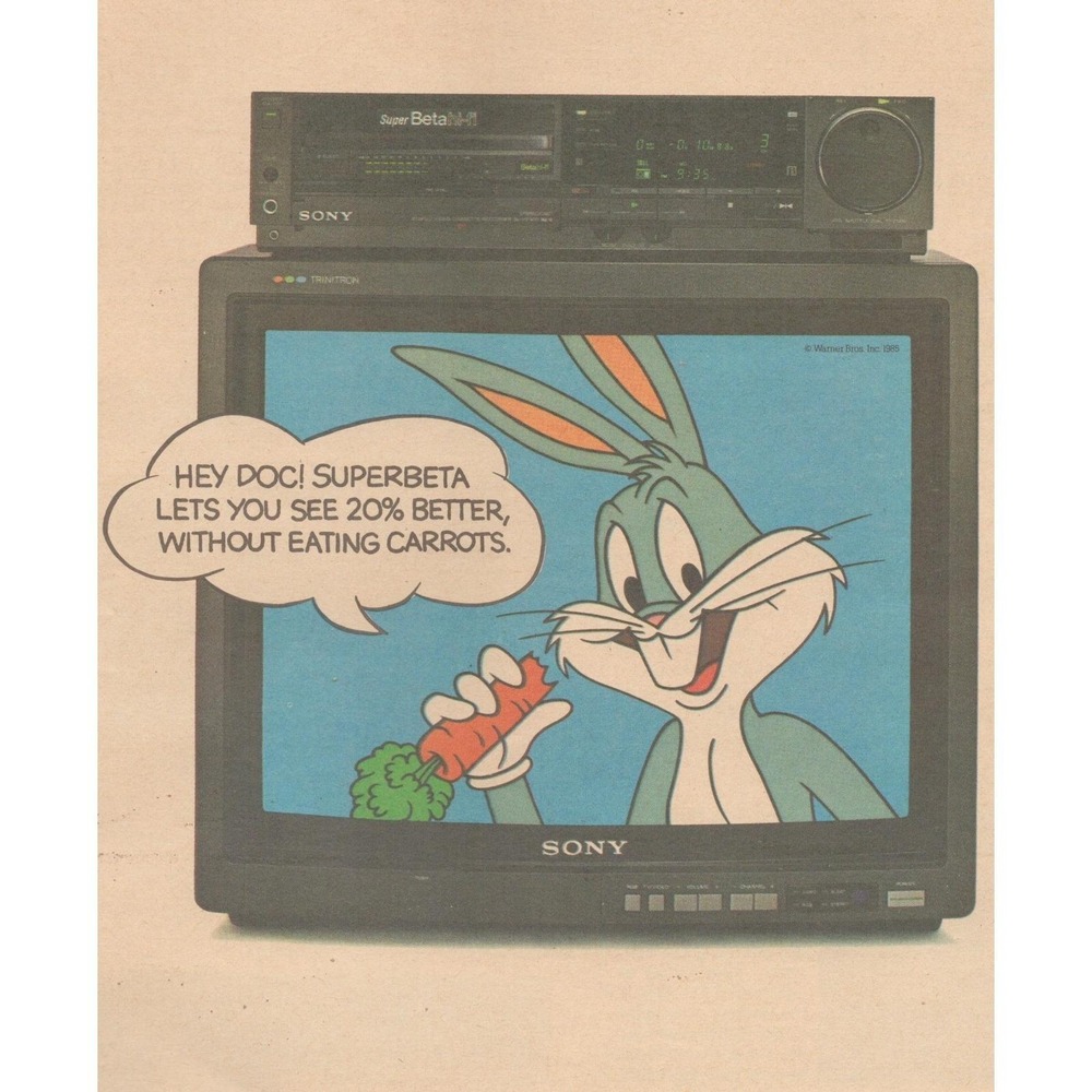 Vintage 1985 Sony SuperBeta VCR Print Ad Bugs Bunny Warner Bros Betamax TV